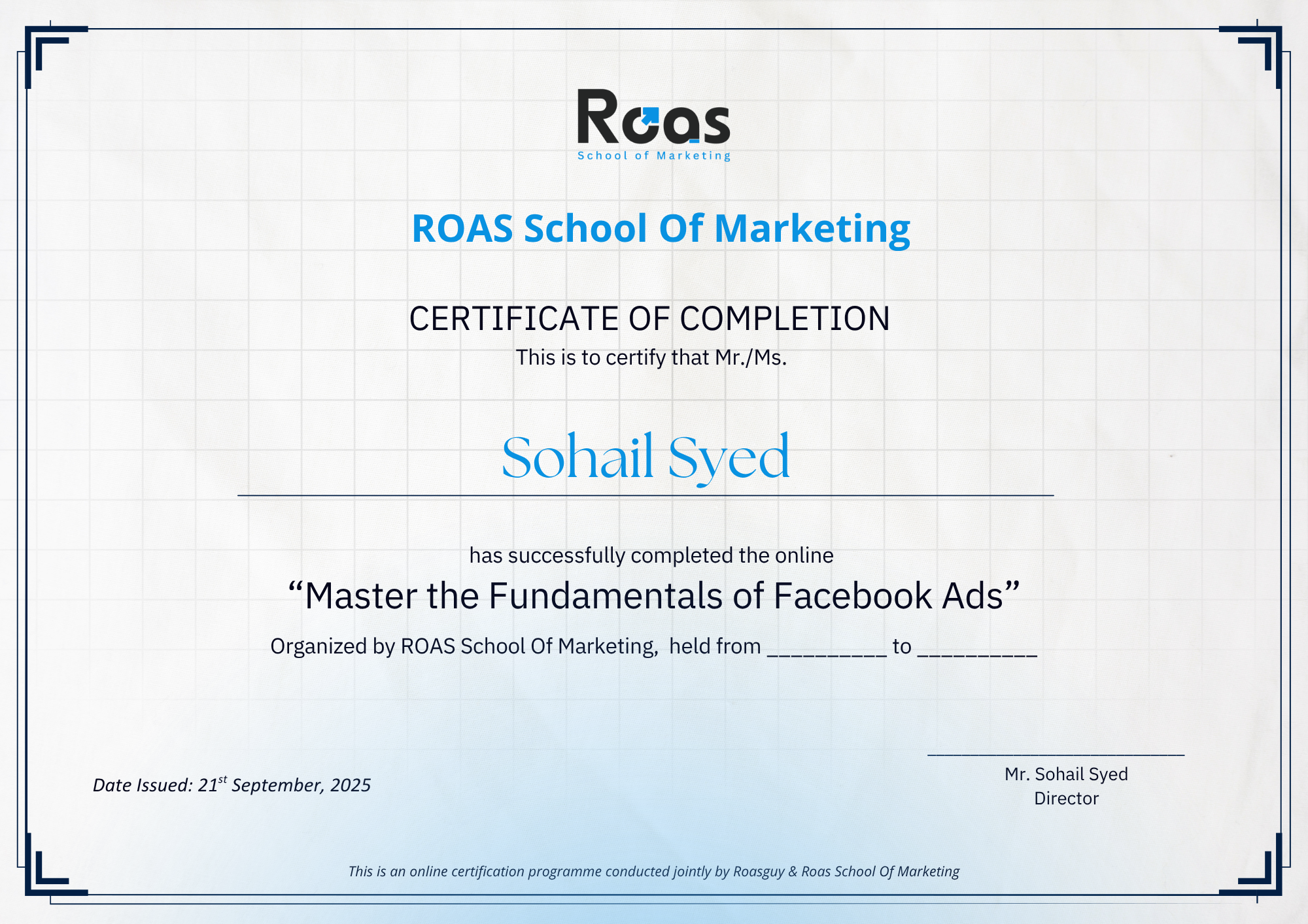ROAS School Of Marketing Certificate